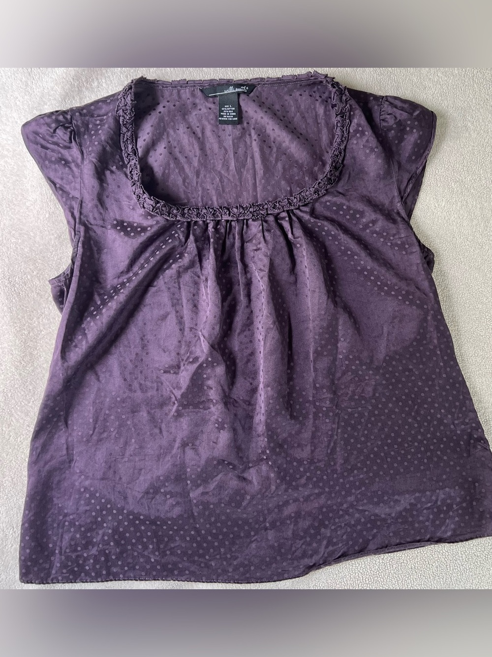 Willi Smith Purple Polka Dot Ruffle Blouse Y2K Boho Chic Size Large Cotton Silk